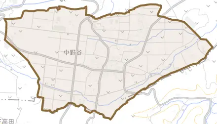 中野谷とその周辺の地図。町の範囲を重ねている