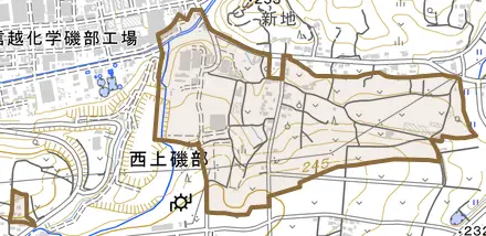 西上磯部とその周辺の地図。町の範囲を重ねている