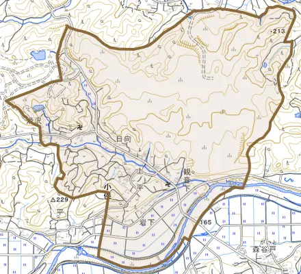 小俣とその周辺の地図。町の範囲を重ねている
