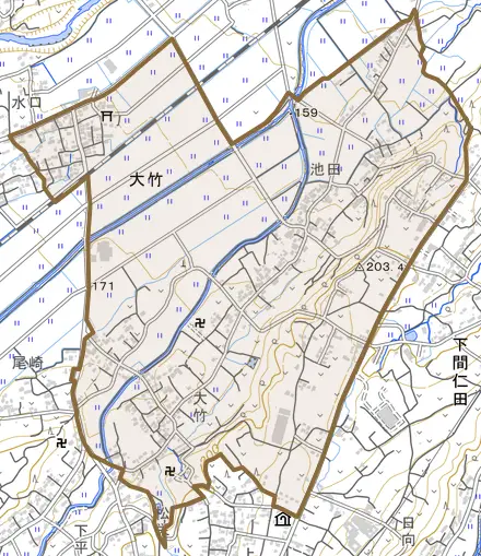 大竹とその周辺の地図。町の範囲を重ねている