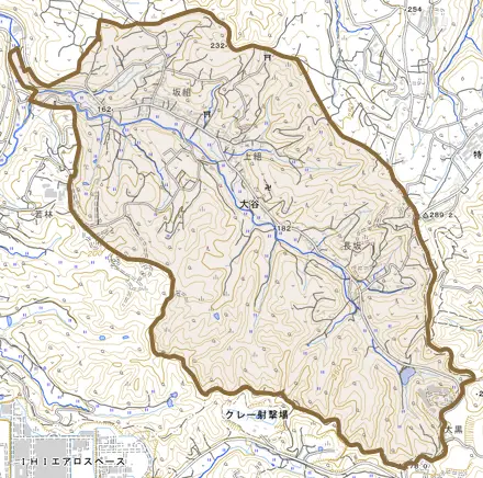 大谷とその周辺の地図。町の範囲を重ねている