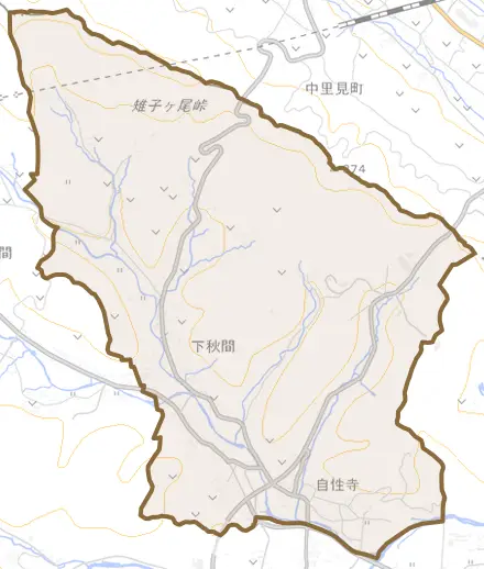 下秋間とその周辺の地図。町の範囲を重ねている