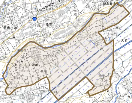 下磯部とその周辺の地図。町の範囲を重ねている