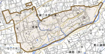 簗瀬とその周辺の地図。町の範囲を重ねている