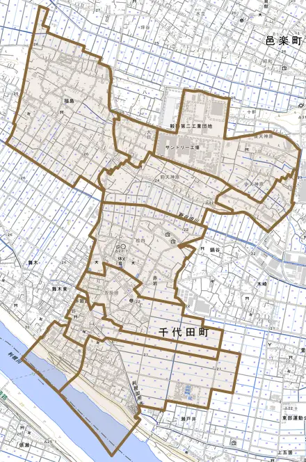 大字赤岩とその周辺の地図。町の範囲を重ねている