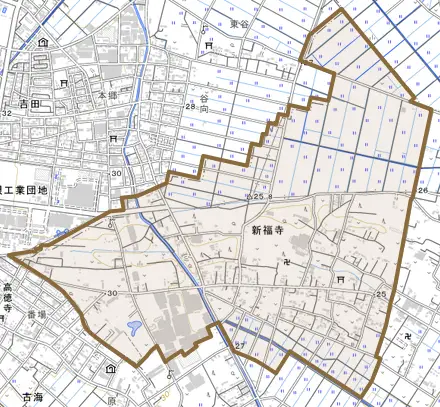 大字福島とその周辺の地図。町の範囲を重ねている