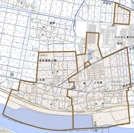 大字上五箇とその周辺の地図。町の範囲を重ねている