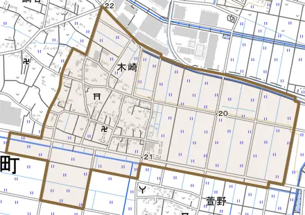 大字木崎とその周辺の地図。町の範囲を重ねている