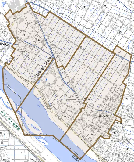 大字舞木とその周辺の地図。町の範囲を重ねている