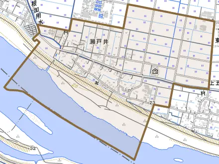 大字瀬戸井とその周辺の地図。町の範囲を重ねている