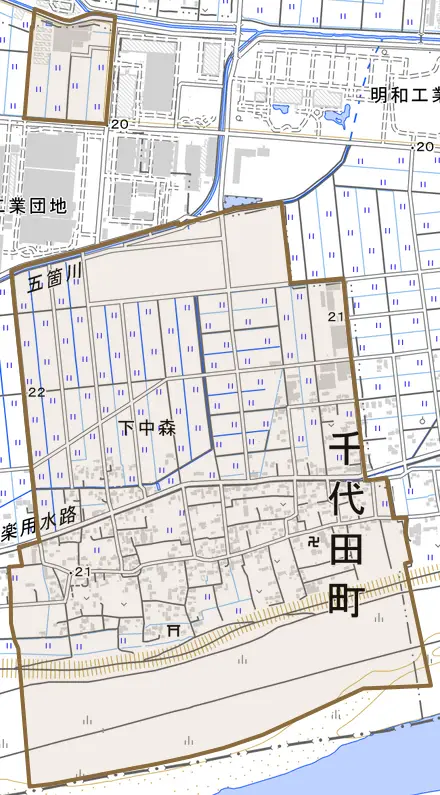 大字下中森とその周辺の地図。町の範囲を重ねている