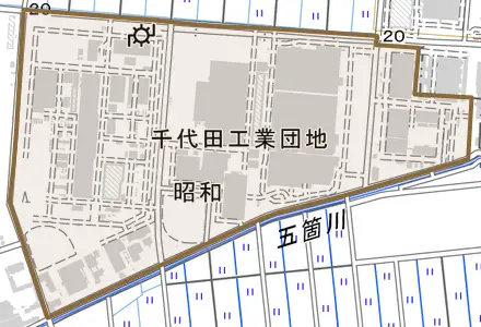 大字昭和とその周辺の地図。町の範囲を重ねている