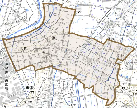 鮎川とその周辺の地図。町の範囲を重ねている