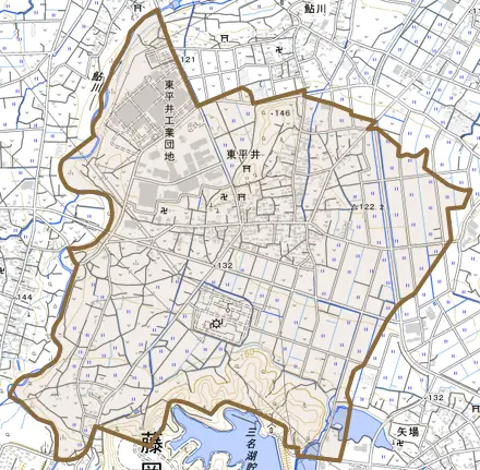 東平井とその周辺の地図。町の範囲を重ねている