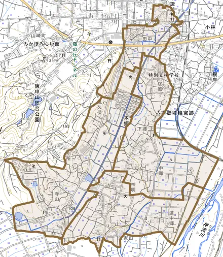 本郷とその周辺の地図。町の範囲を重ねている