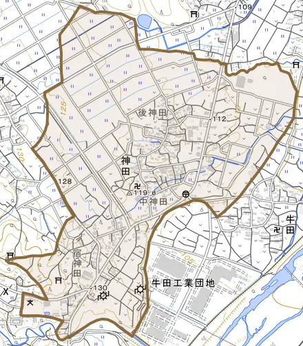 神田とその周辺の地図。町の範囲を重ねている
