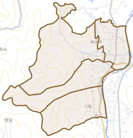 浄法寺とその周辺の地図。町の範囲を重ねている