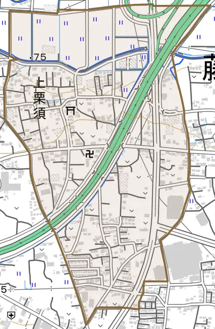 上栗須とその周辺の地図。町の範囲を重ねている