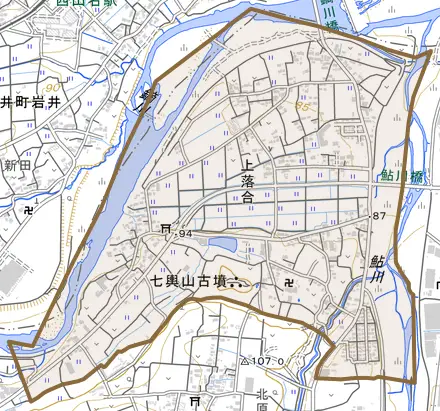 上落合とその周辺の地図。町の範囲を重ねている