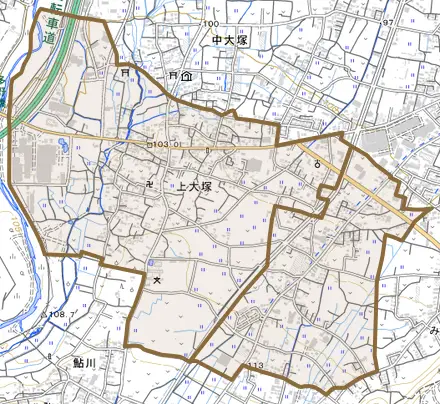 上大塚とその周辺の地図。町の範囲を重ねている