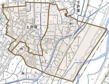 上戸塚とその周辺の地図。町の範囲を重ねている