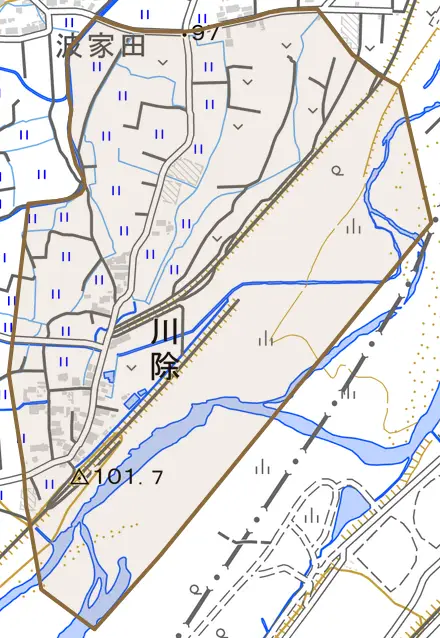 川除とその周辺の地図。町の範囲を重ねている