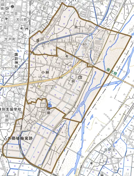 小林とその周辺の地図。町の範囲を重ねている