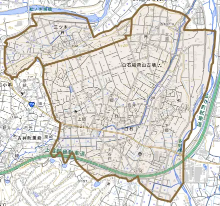 三ツ木とその周辺の地図。町の範囲を重ねている