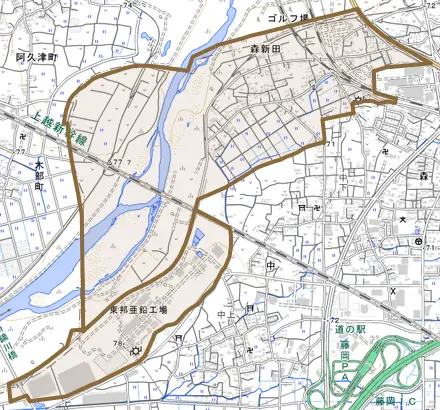 森新田とその周辺の地図。町の範囲を重ねている