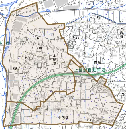 本動堂とその周辺の地図。町の範囲を重ねている