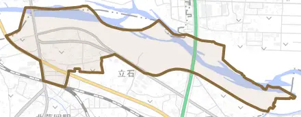 中島とその周辺の地図。町の範囲を重ねている