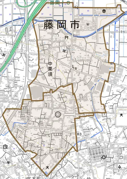 中栗須とその周辺の地図。町の範囲を重ねている