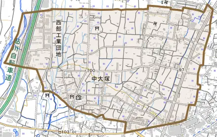 中大塚とその周辺の地図。町の範囲を重ねている