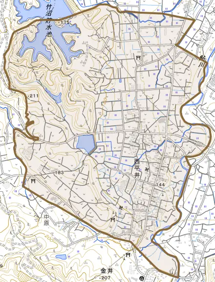 西平井とその周辺の地図。町の範囲を重ねている