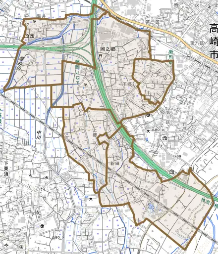 岡之郷とその周辺の地図。町の範囲を重ねている