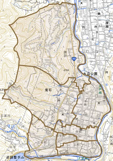 鬼石とその周辺の地図。町の範囲を重ねている