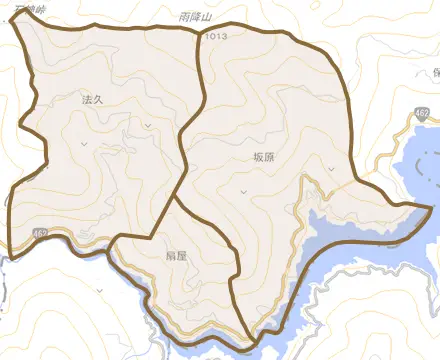 坂原とその周辺の地図。町の範囲を重ねている