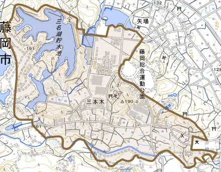 三本木とその周辺の地図。町の範囲を重ねている