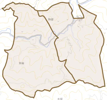 下日野とその周辺の地図。町の範囲を重ねている