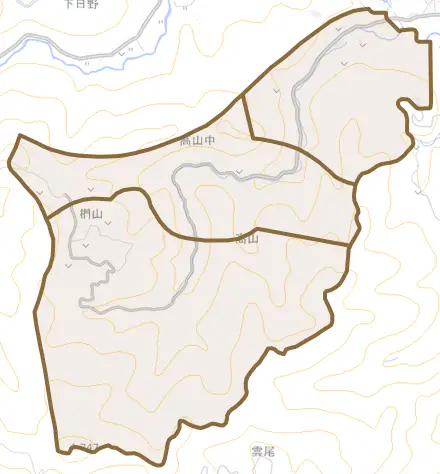 高山とその周辺の地図。町の範囲を重ねている