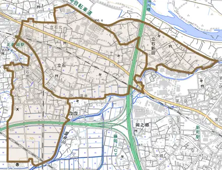 立石とその周辺の地図。町の範囲を重ねている