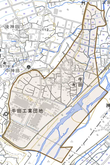 牛田とその周辺の地図。町の範囲を重ねている