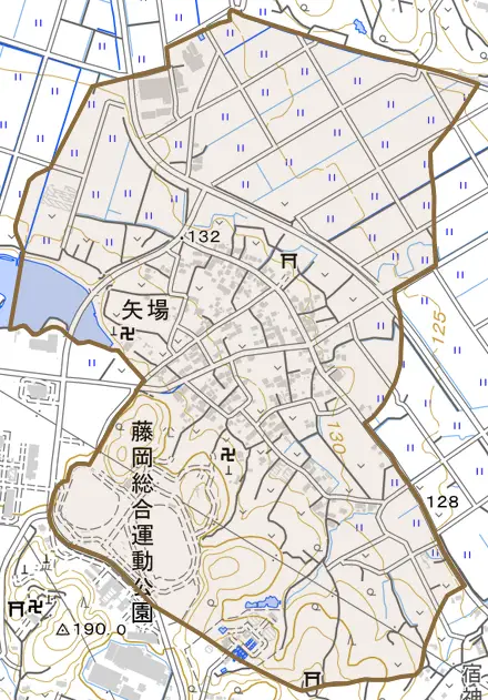矢場とその周辺の地図。町の範囲を重ねている
