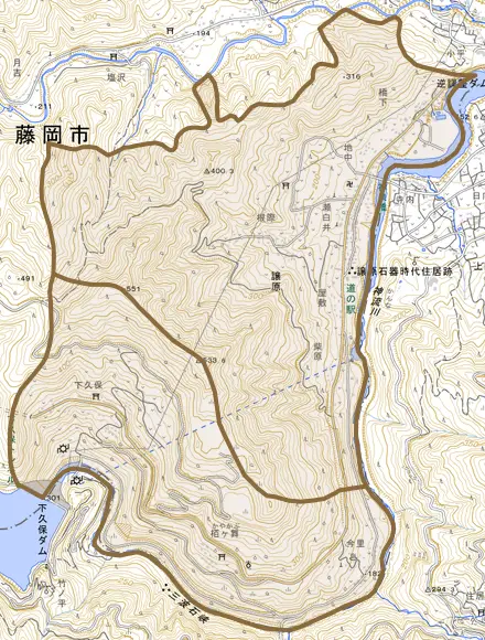 譲原とその周辺の地図。町の範囲を重ねている