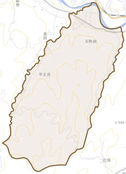 大字五町田とその周辺の地図。町の範囲を重ねている