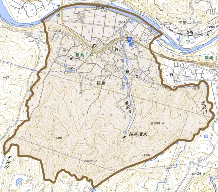 大字箱島とその周辺の地図。町の範囲を重ねている