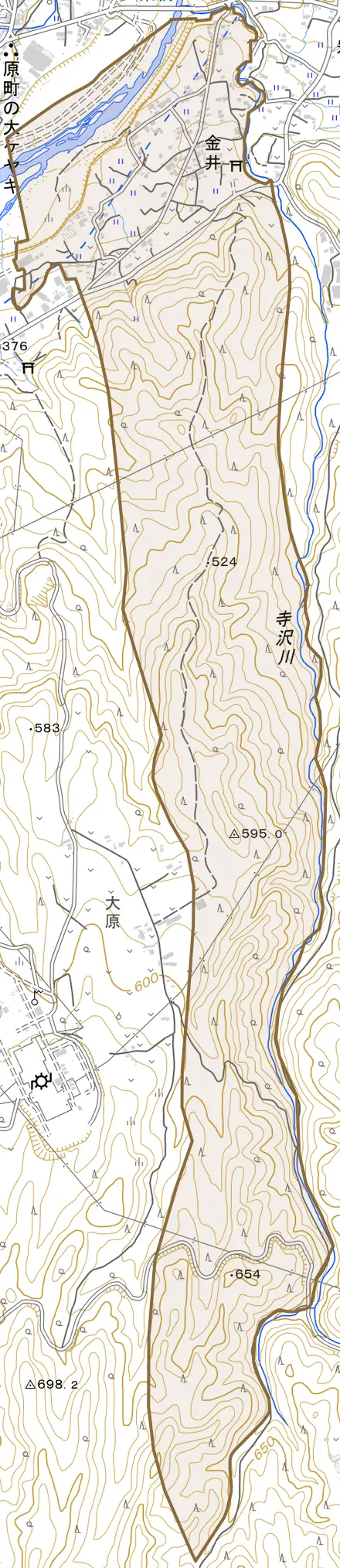 大字金井とその周辺の地図。町の範囲を重ねている