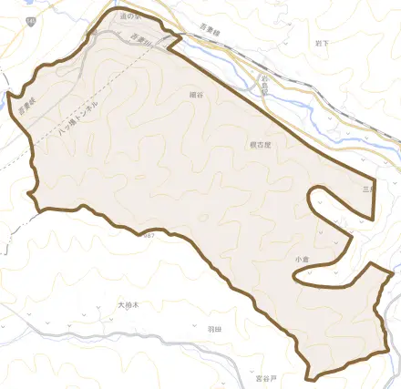 大字三島とその周辺の地図。町の範囲を重ねている