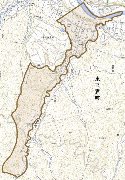 大字奥田とその周辺の地図。町の範囲を重ねている