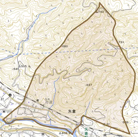 大字矢倉とその周辺の地図。町の範囲を重ねている